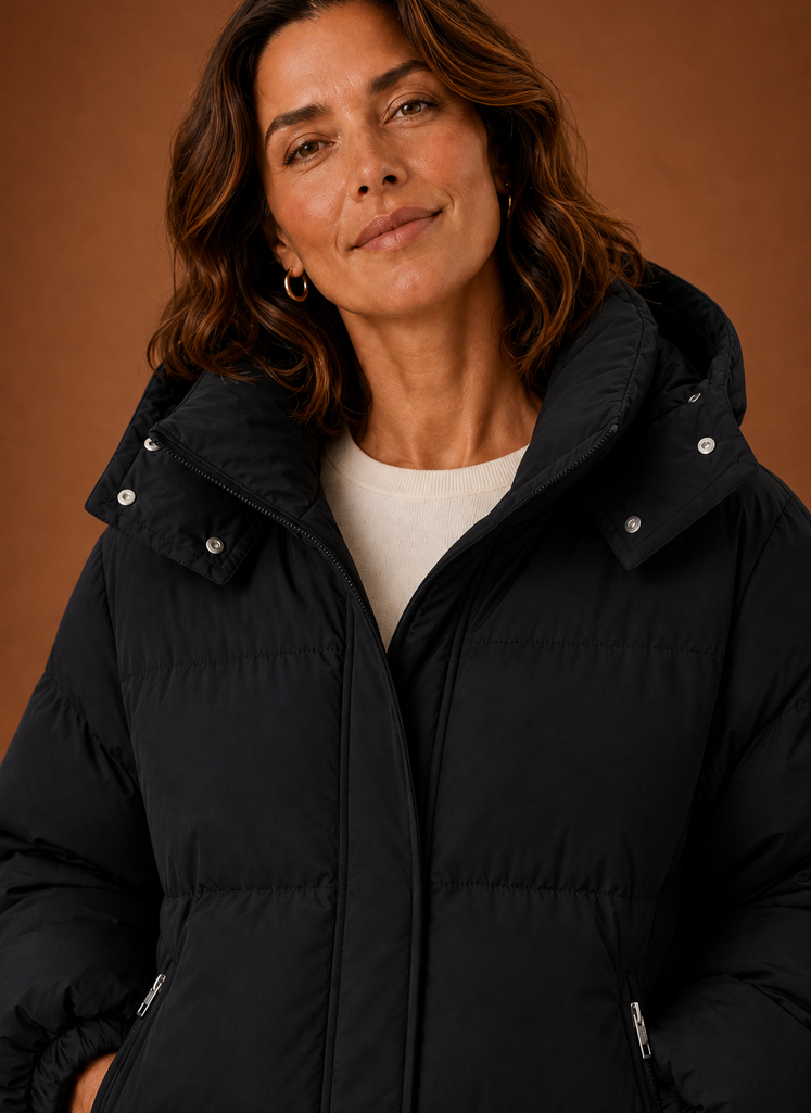 Close-up of the Areleon Oversized Puffer Jacket showing the puffer stitching and surface texture