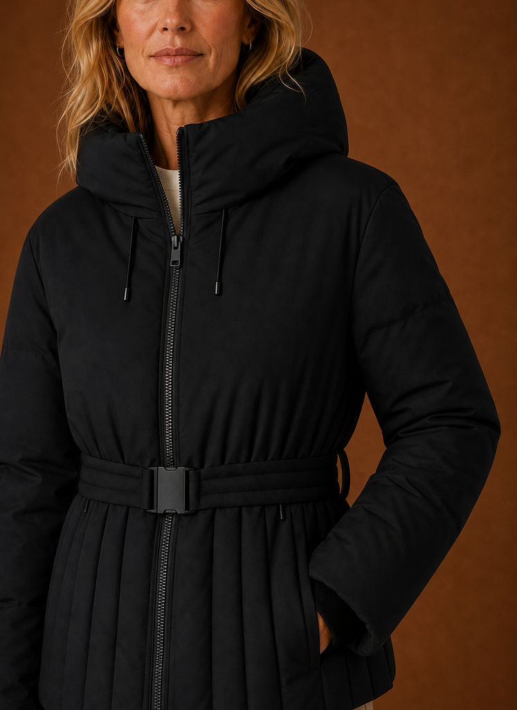 Close-up of quilted stitching and pleated detail near the waist and belt