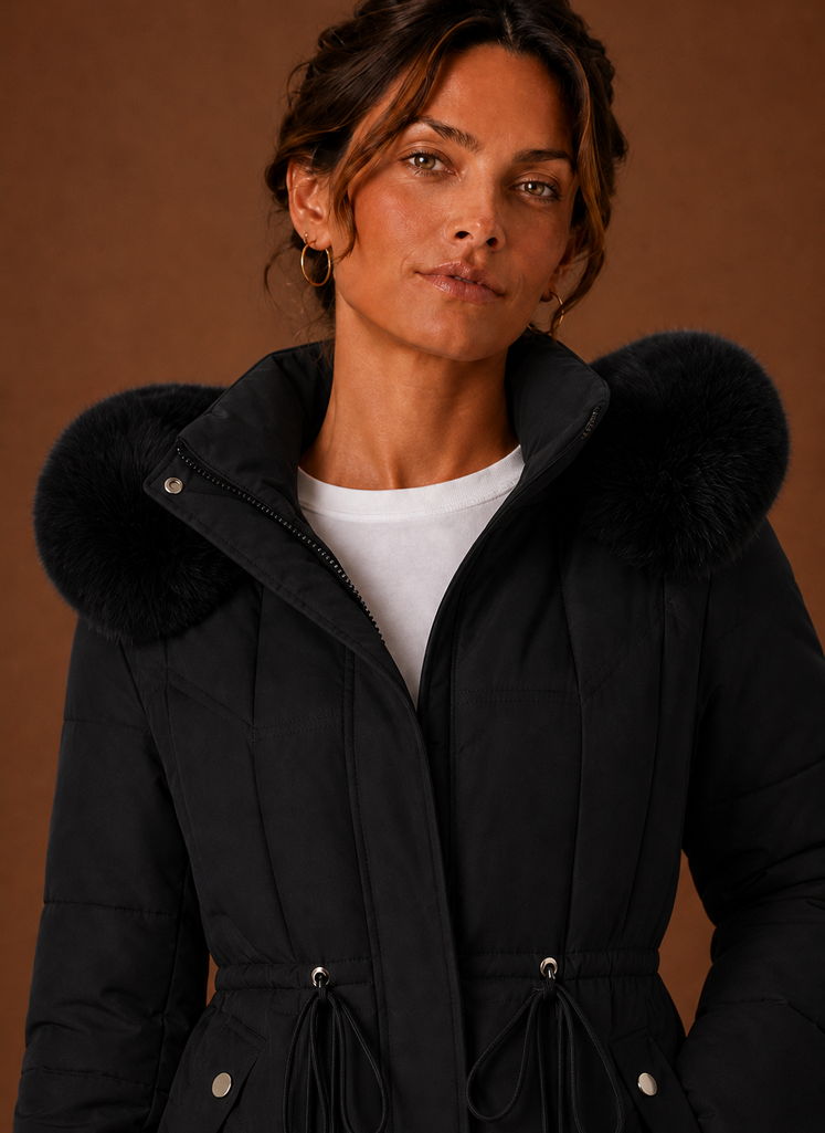 Close-up of the faux fur hood trim and coat stitch detail