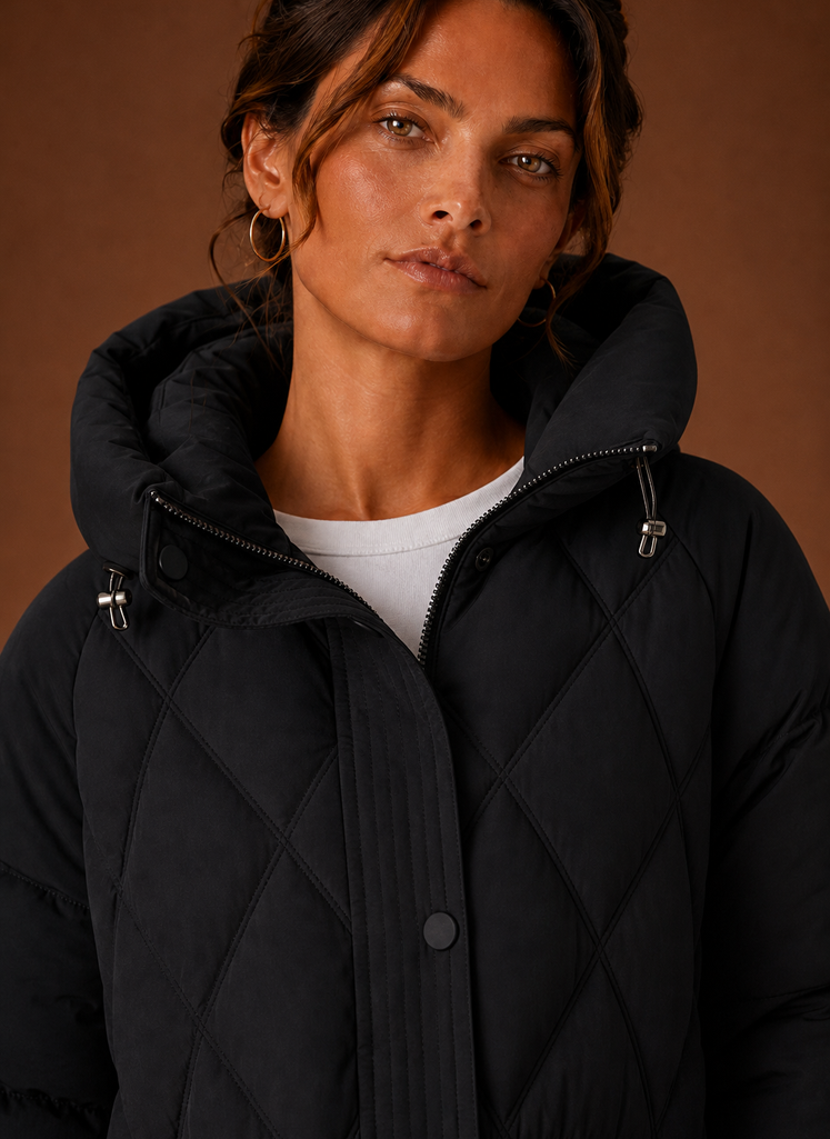 Close-up of diamond quilting and stitching on the puffer jacket