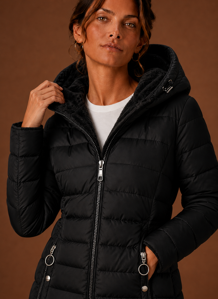 Close-up of faux fur lining at the hood and puffer stitching on the coat