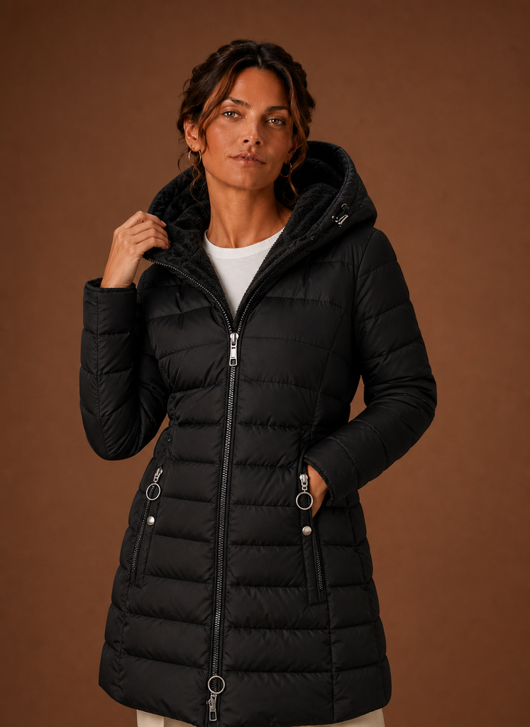 Front view of women's long black hooded puffer coat with faux fur lining