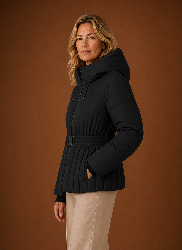 Side view of a quilted jacket showing pleated detailing and belt