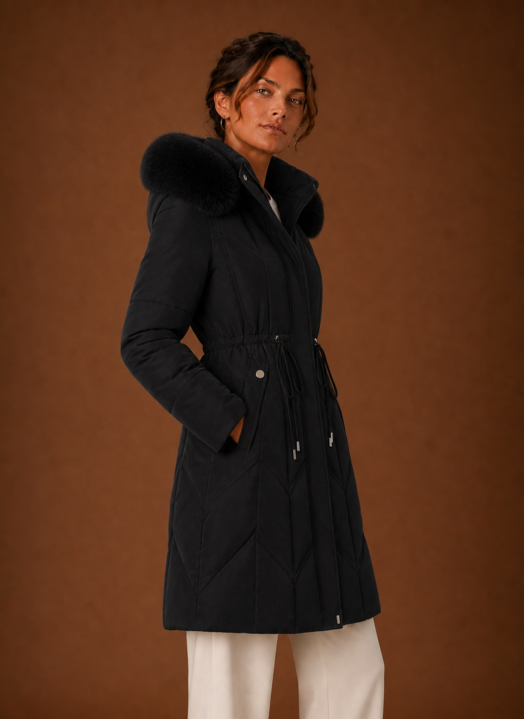 Side profile of long puffer coat showing the hood and streamlined silhouette