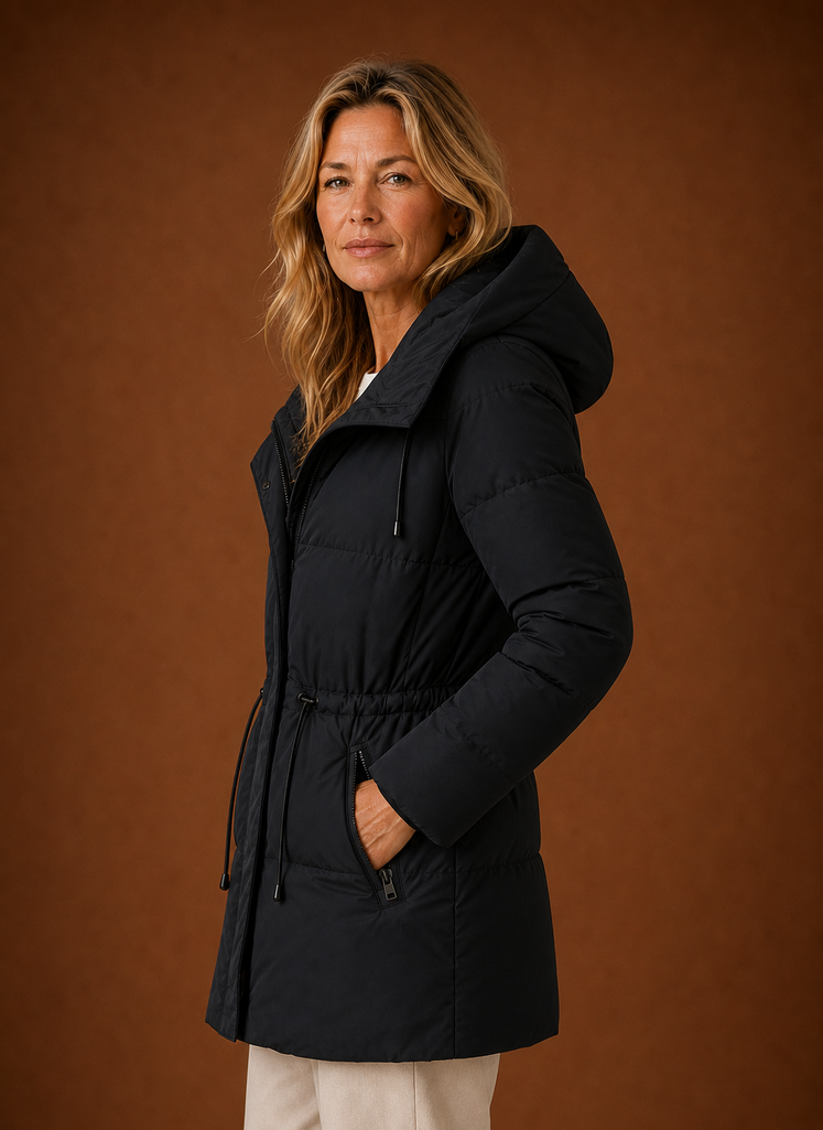 Side profile of Areleon women's quilted winter jacket showing silhouette