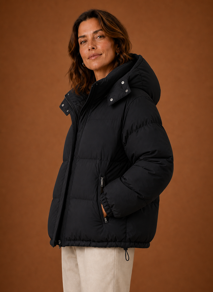 Side view of the Areleon Oversized Puffer Jacket highlighting the jacket's profile and sleeve shape