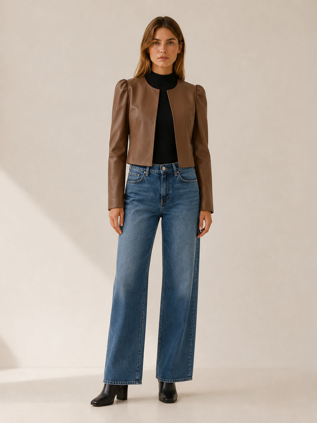 Women's Cropped Puff Sleeve Open Front Jacket
