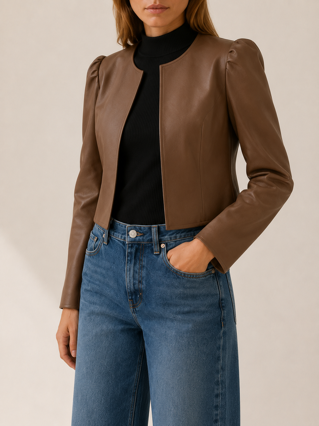 Women's Cropped Puff Sleeve Open Front Jacket