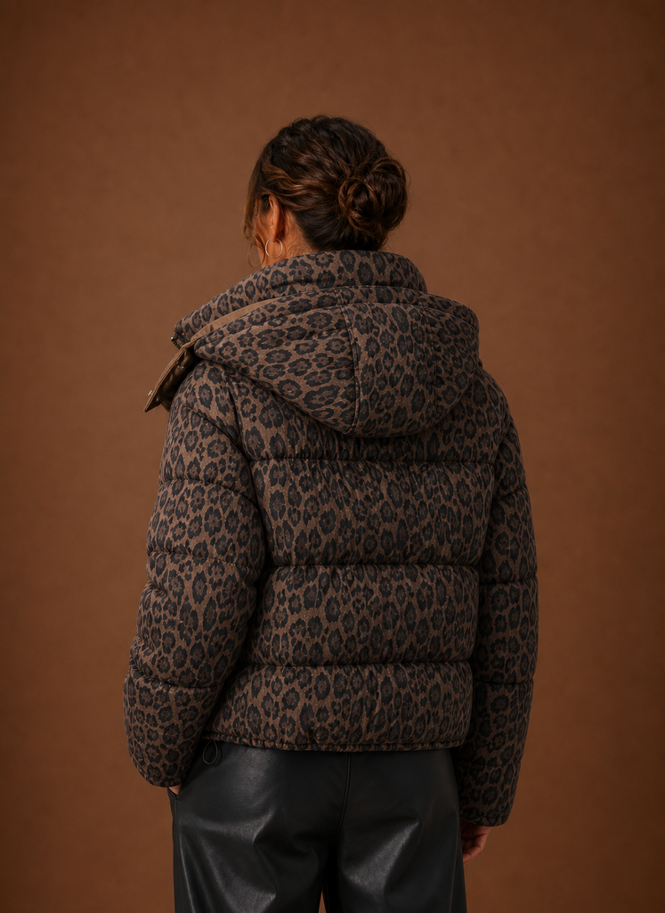Back view of women's leopard puffer jacket showing quilted pattern and coverage