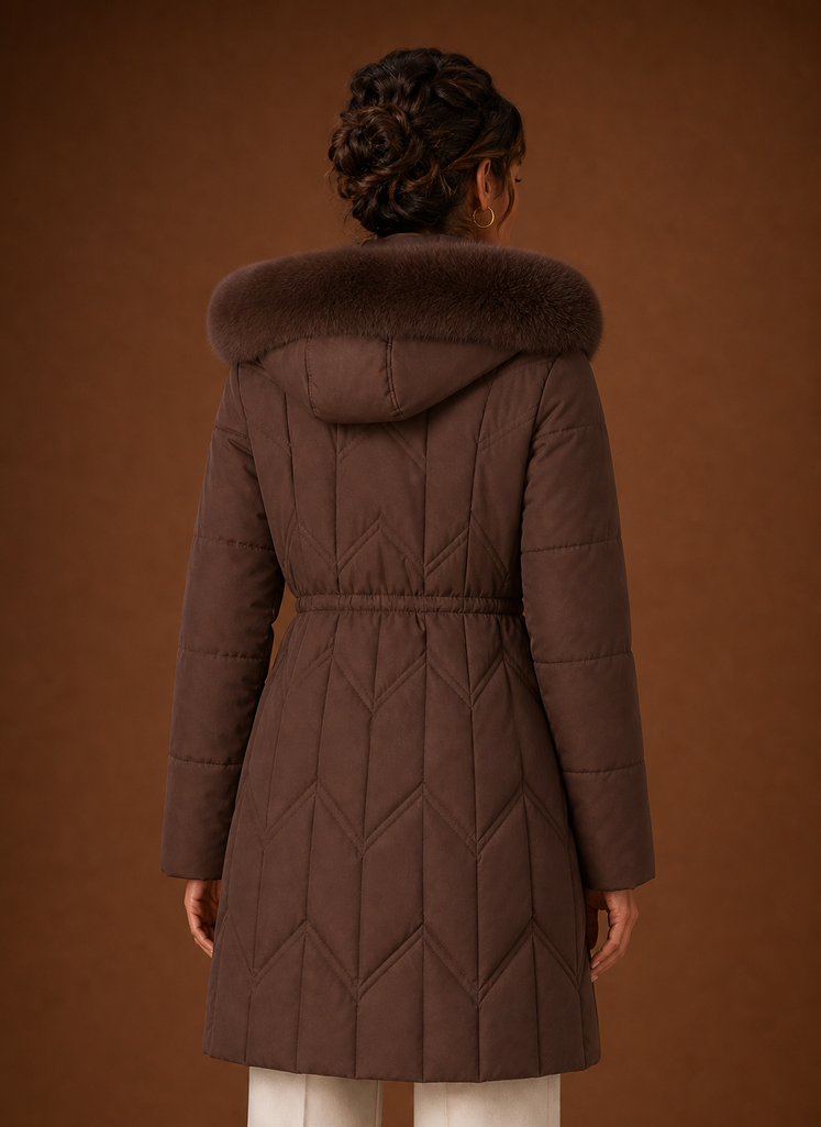 Back view of long puffer coat with hood and full-length coverage