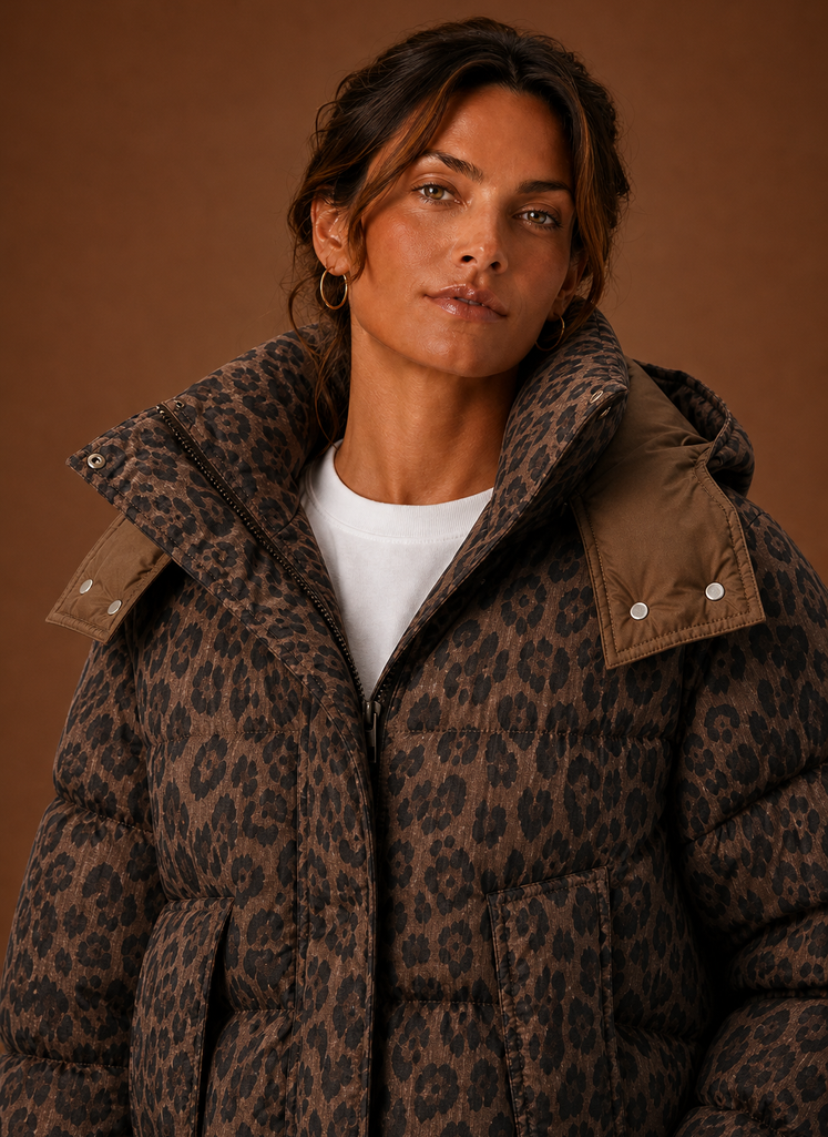 Close-up of leopard print pattern and quilting on the women's puffer jacket