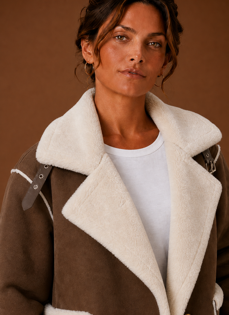 Close-up of aviator-style collar and front closure details on the jacket