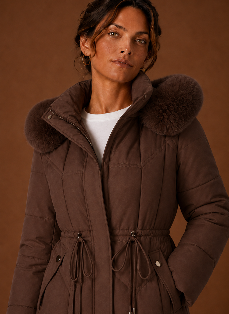 Close-up of the faux fur hood trim and coat stitch detail