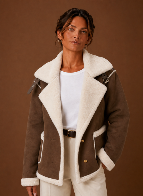 Front view of women's aviator jacket on a mannequin showing collar and zip-front closure