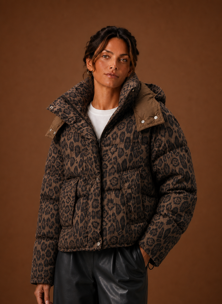 Front view of women's leopard print puffer jacket in brown showing quilted silhouette