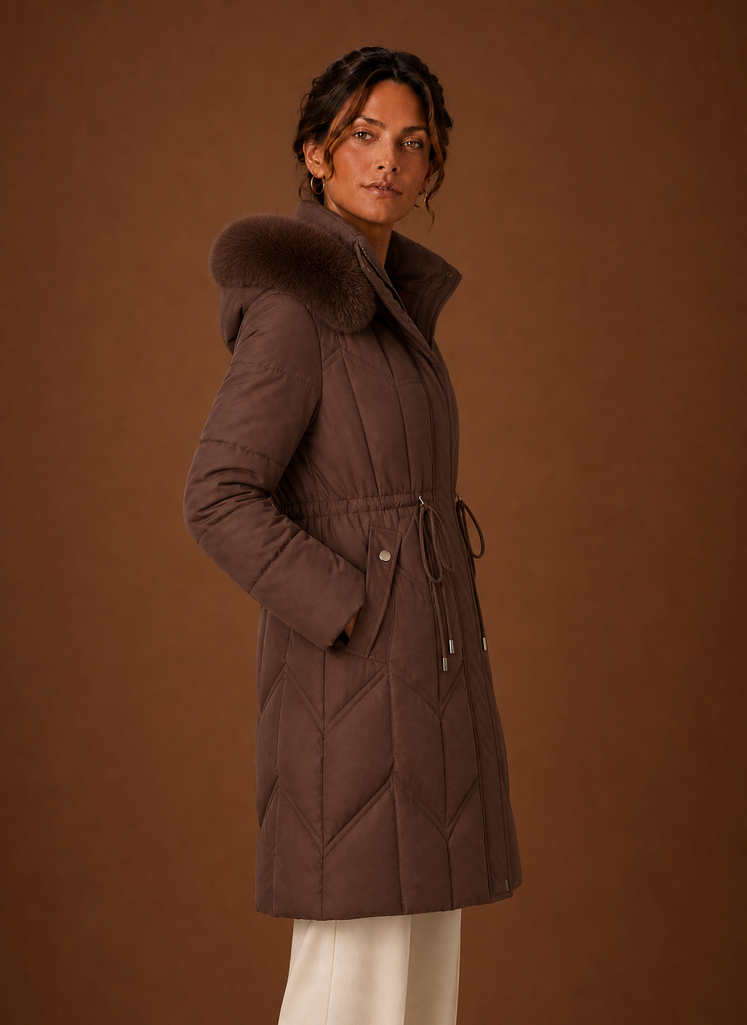 Side profile of long puffer coat showing the hood and streamlined silhouette