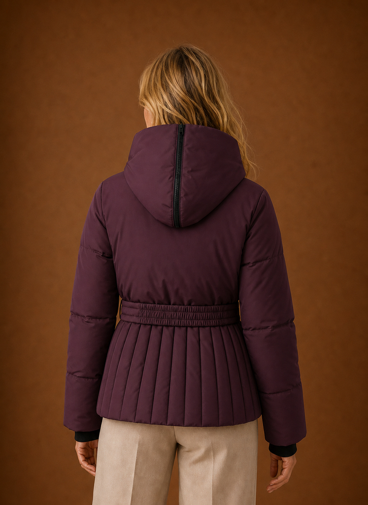 Back view of a quilted jacket with stitched quilting and belted waist