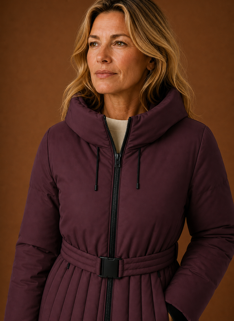 Close-up of quilted stitching and pleated detail near the waist and belt