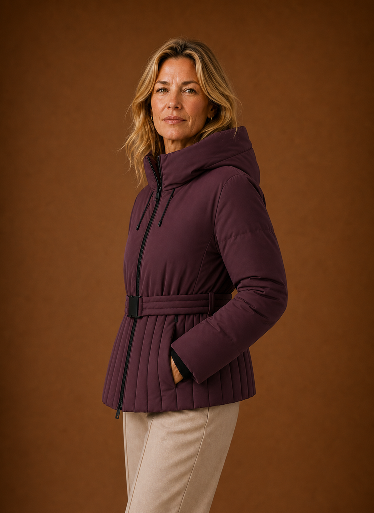 Side view of a quilted jacket showing pleated detailing and belt