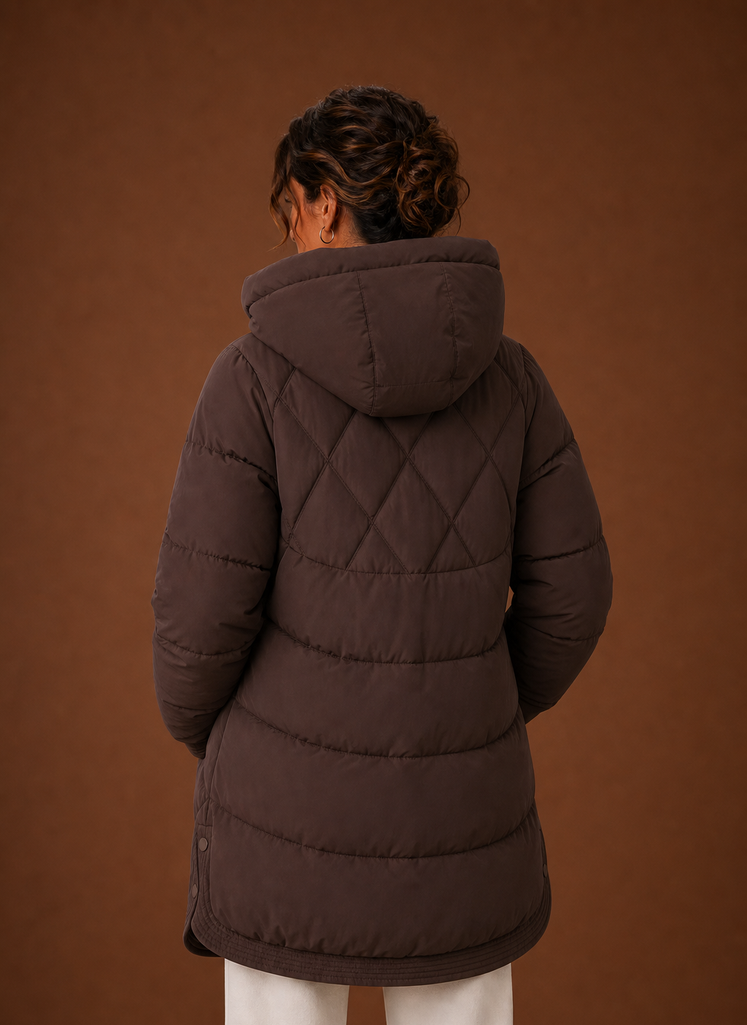 Back view of longline puffer jacket with diamond quilting and hood