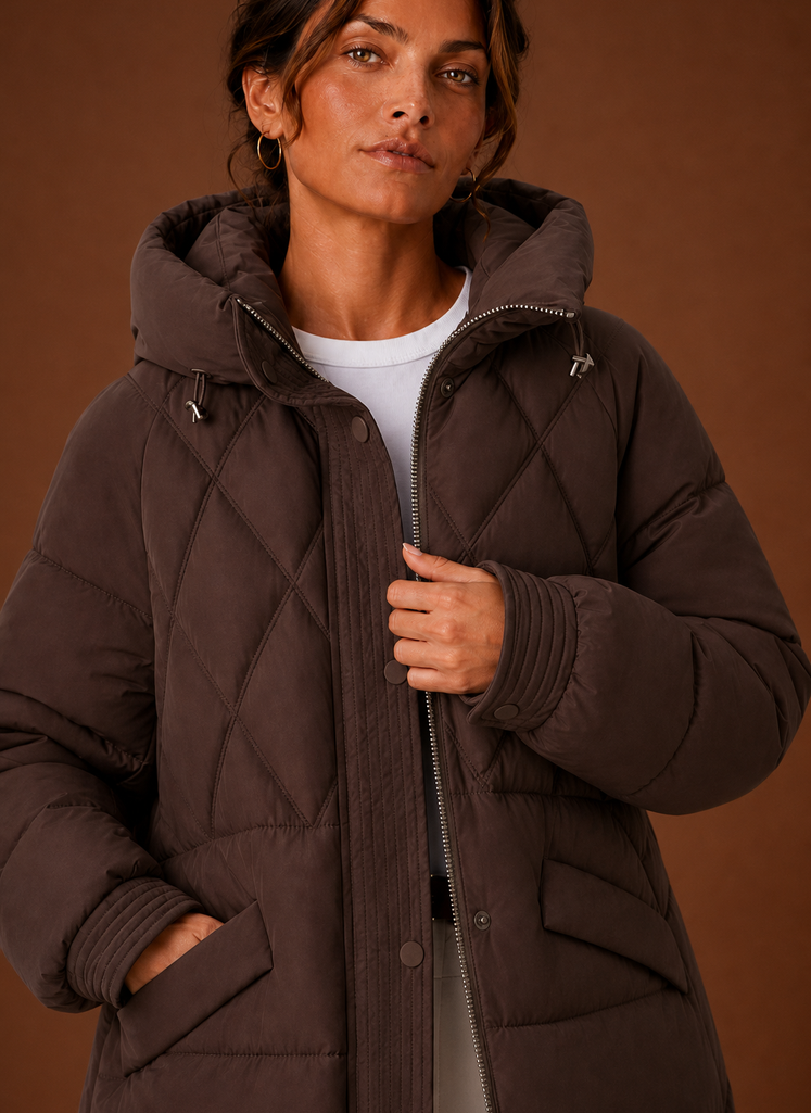 Close-up of diamond quilting and stitching on the puffer jacket
