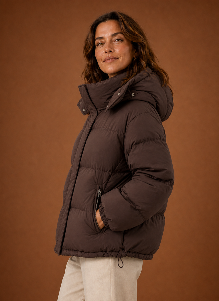 Side view of the Areleon Oversized Puffer Jacket highlighting the jacket's profile and sleeve shape