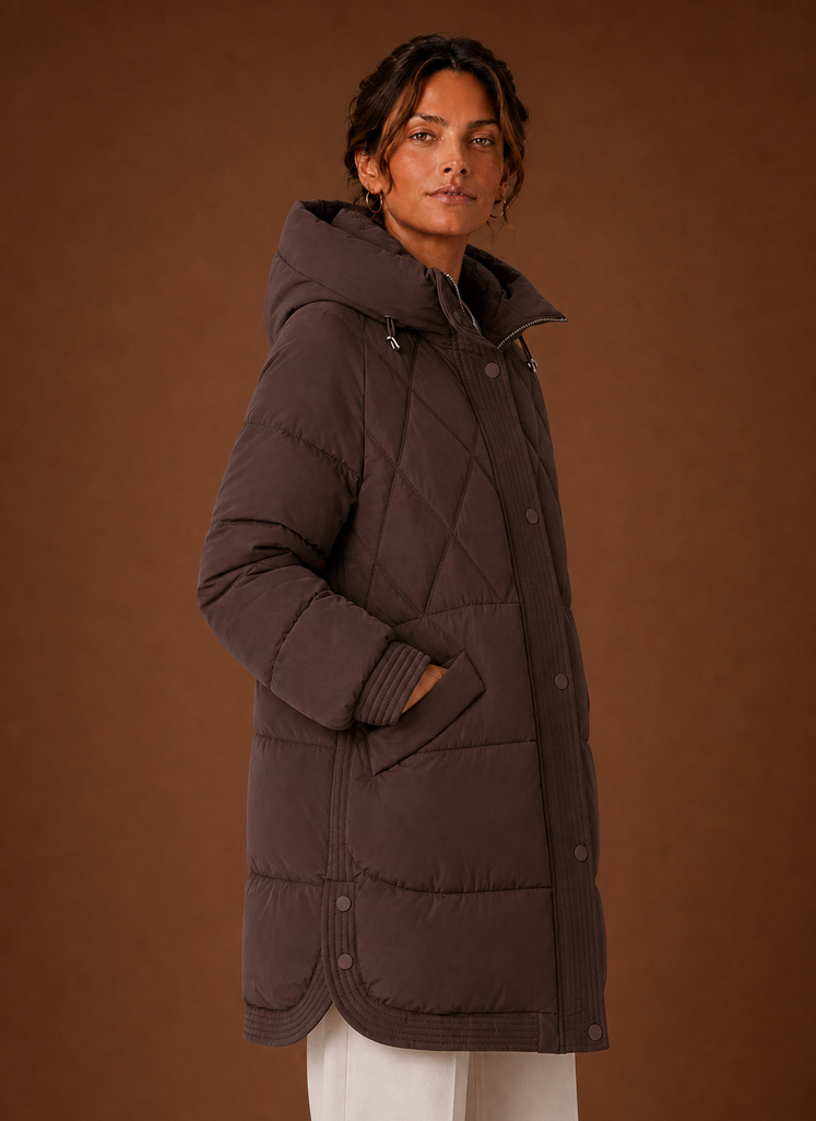 Side profile of the hooded longline puffer jacket showing length and silhouette