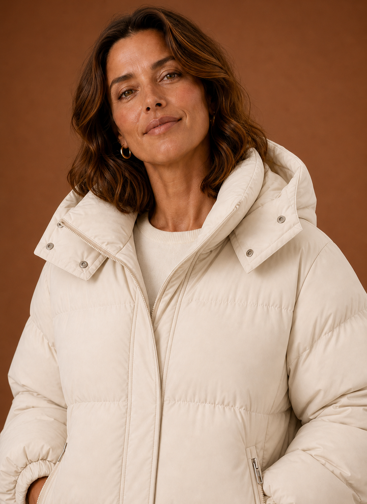 Close-up of the Areleon Oversized Puffer Jacket showing the puffer stitching and surface texture