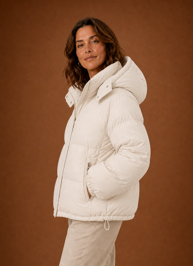 Side view of the Areleon Oversized Puffer Jacket highlighting the jacket's profile and sleeve shape