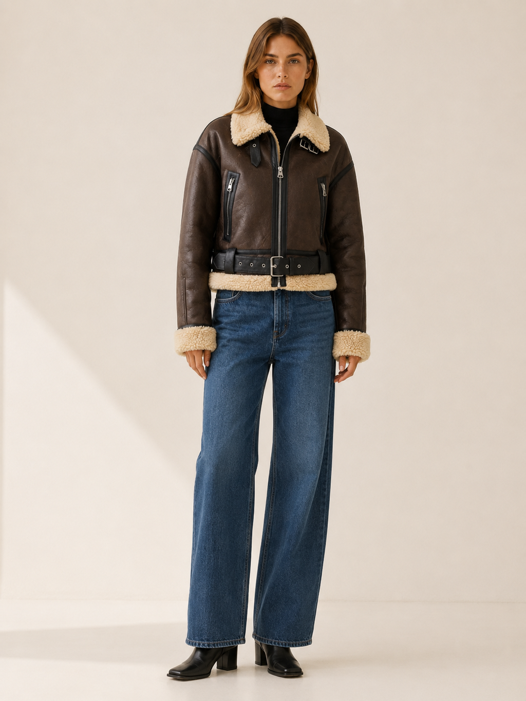 Women's Cropped Aviator Jacket with Buckle Belt