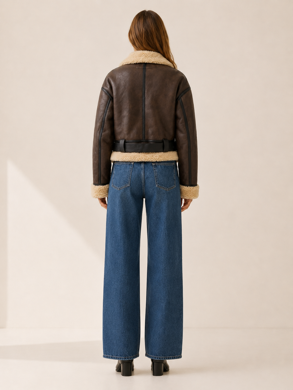 Women's Cropped Aviator Jacket with Buckle Belt