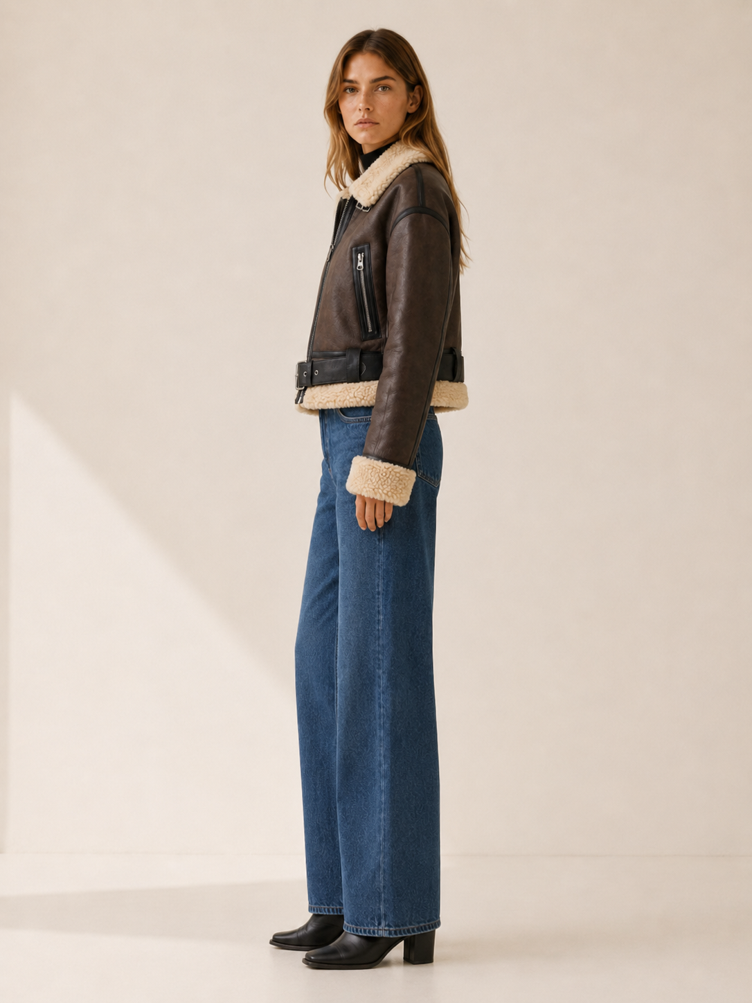 Women's Cropped Aviator Jacket with Buckle Belt