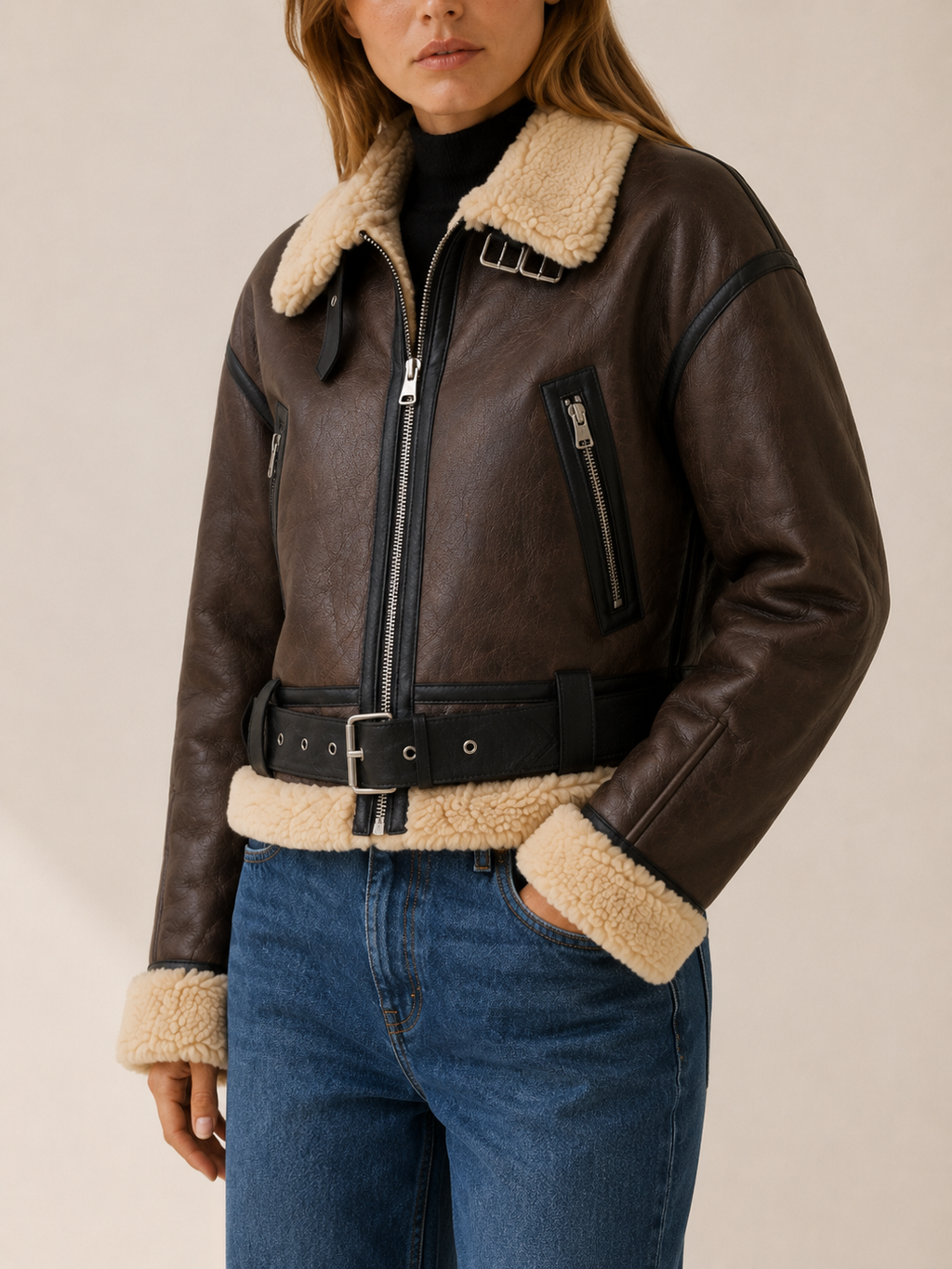Women's Cropped Aviator Jacket with Buckle Belt