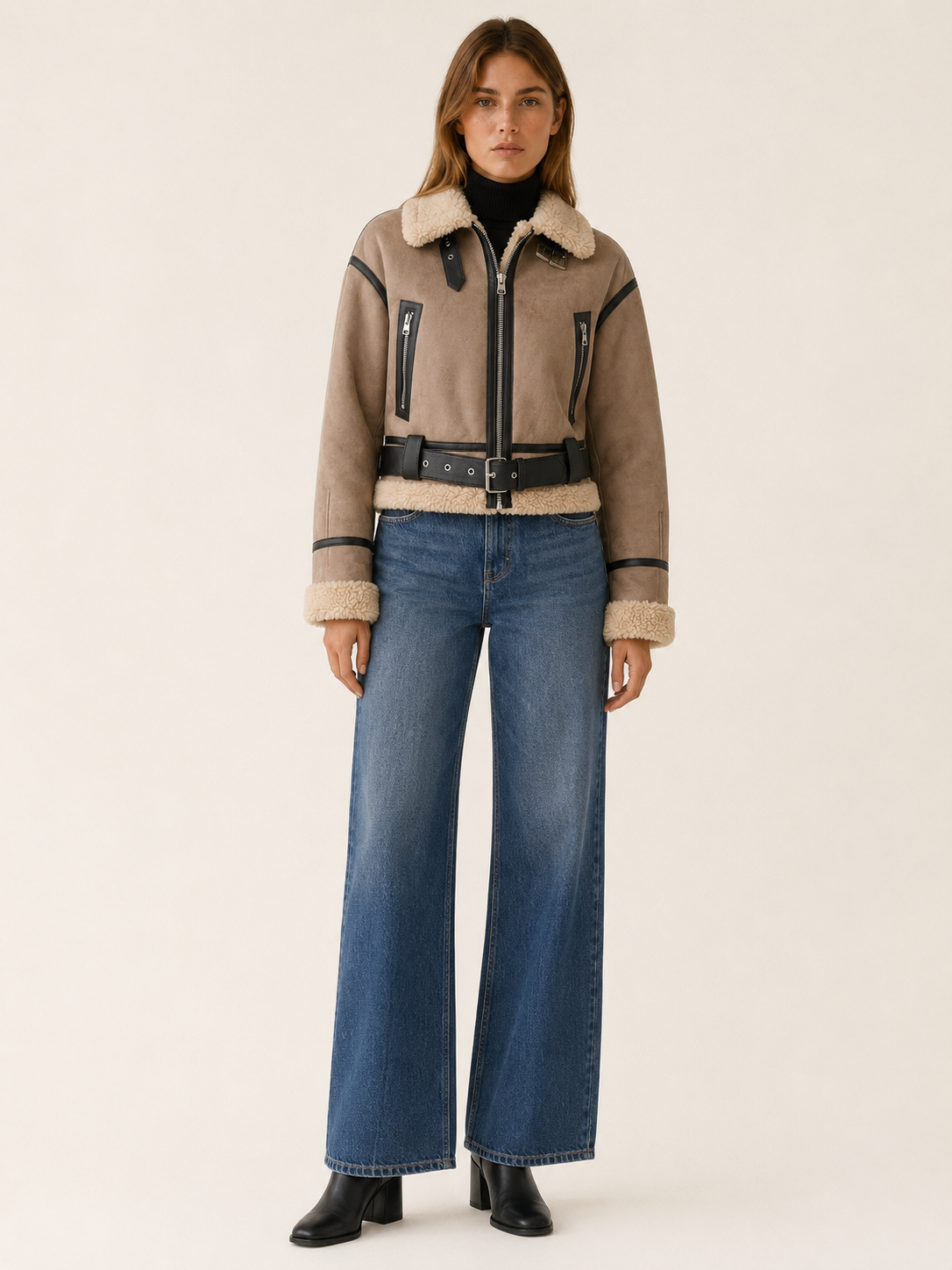 Women's Cropped Aviator Jacket with Buckle Belt