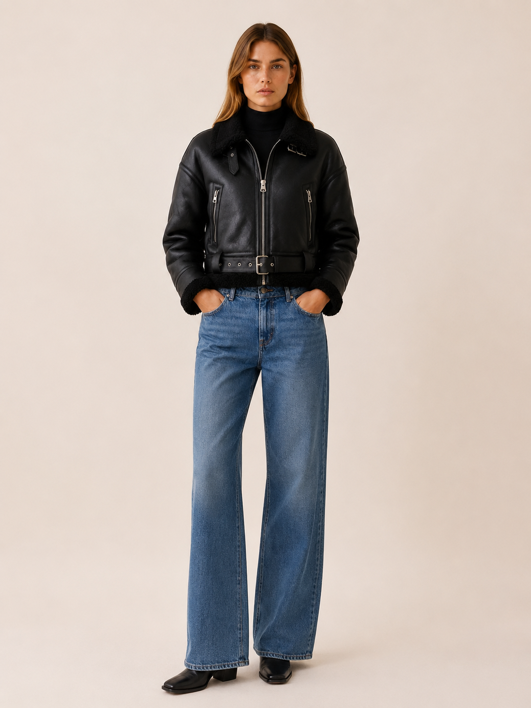 Women's Cropped Aviator Jacket with Buckle Belt