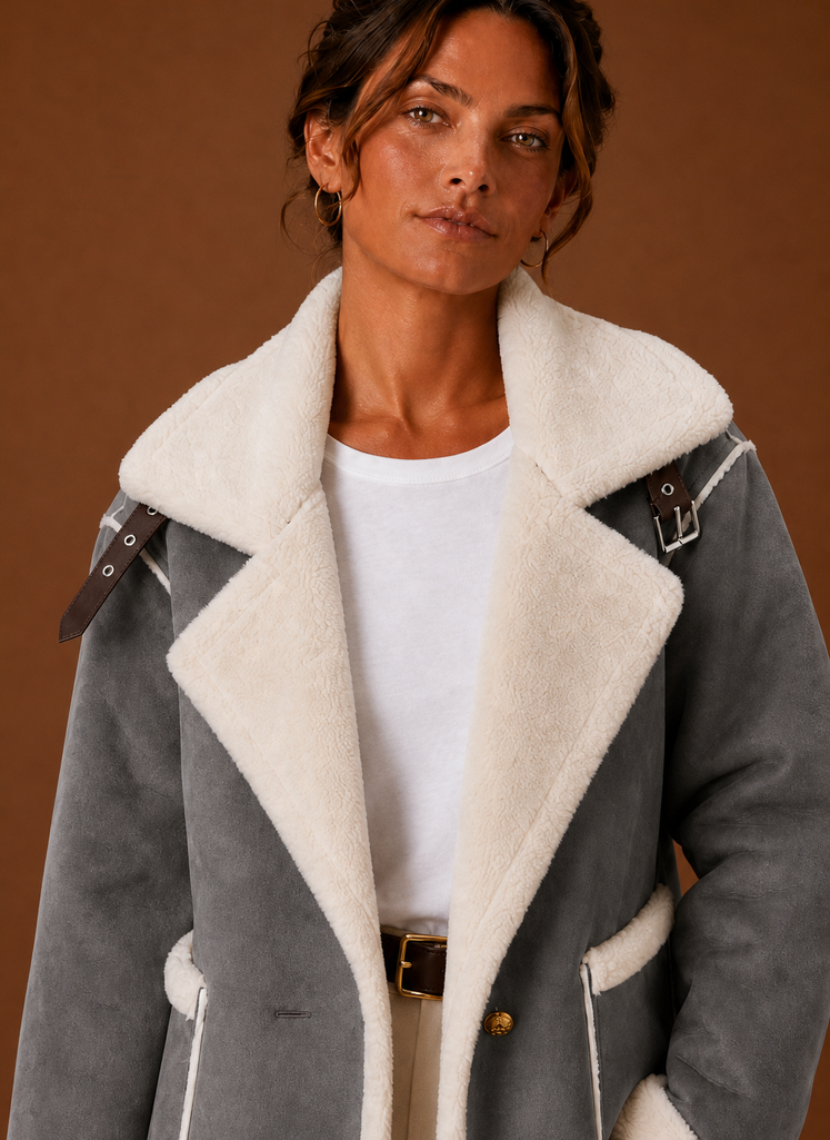 Close-up of aviator-style collar and front closure details on the jacket
