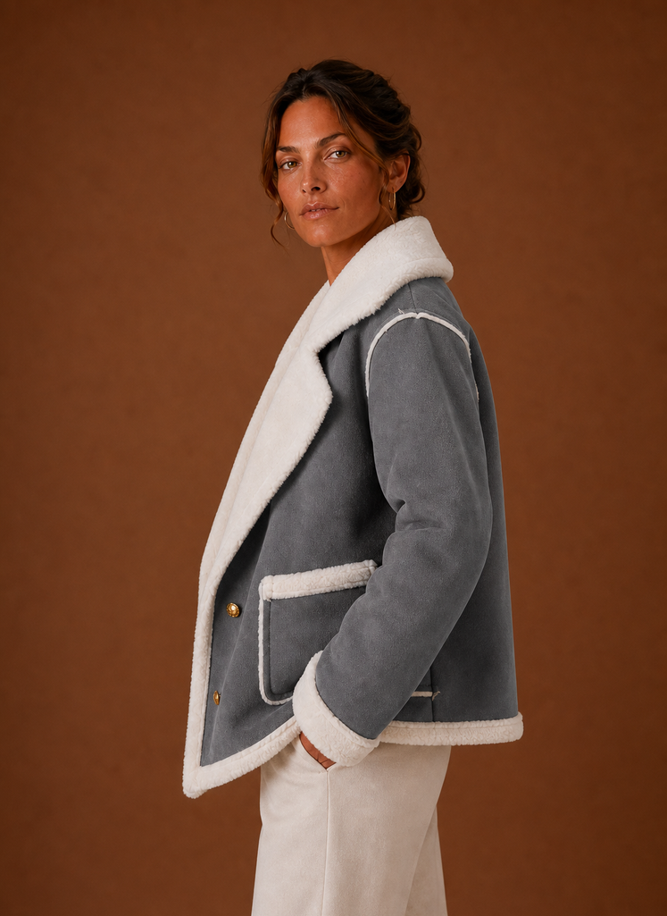 Side view of women's aviator jacket displaying silhouette and sleeve fit