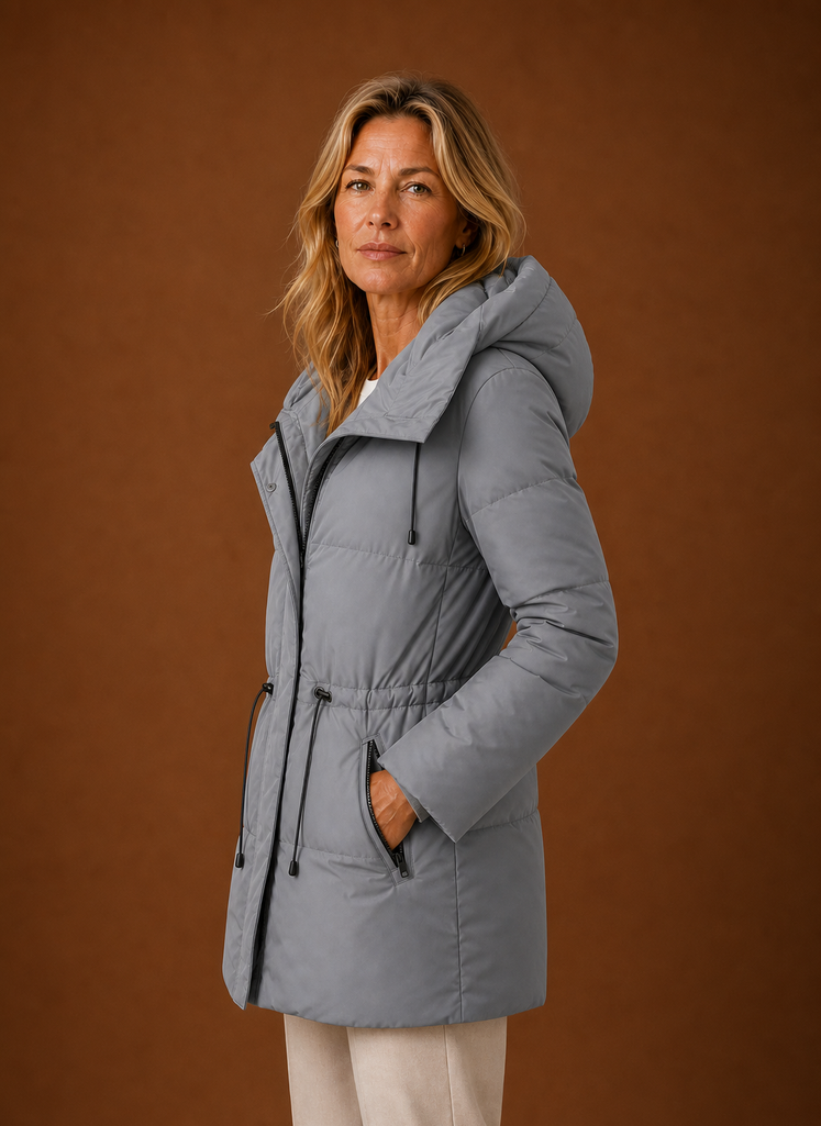 Side profile of Areleon women's quilted winter jacket showing silhouette
