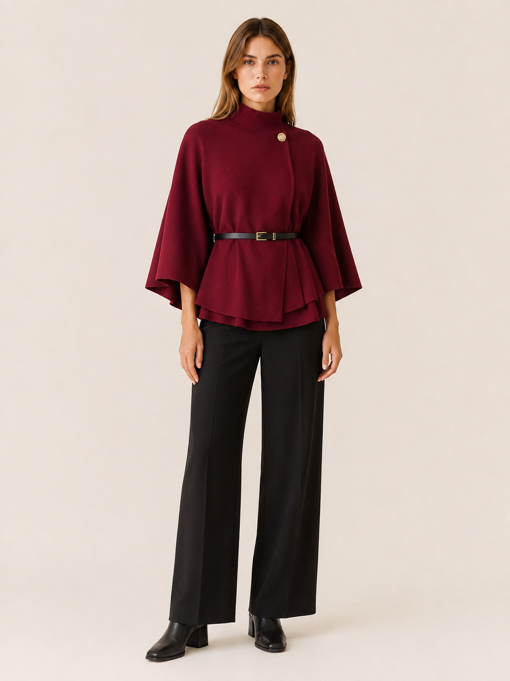 Women's High Neck Belted Cape Jacket