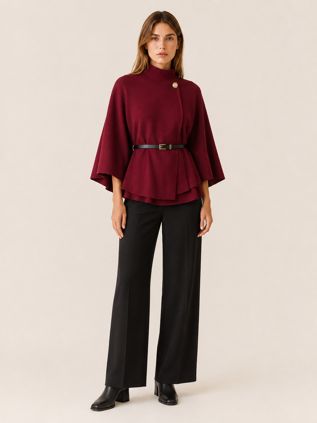Women's High Neck Belted Cape Jacket