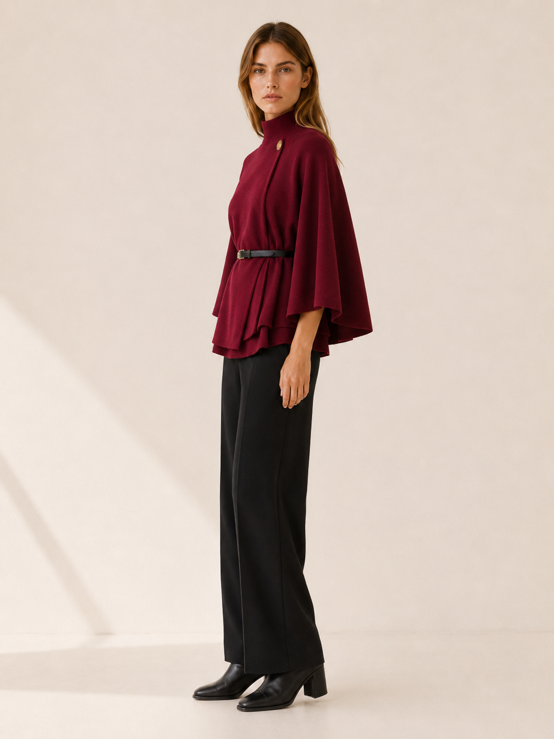 Women's High Neck Belted Cape Jacket