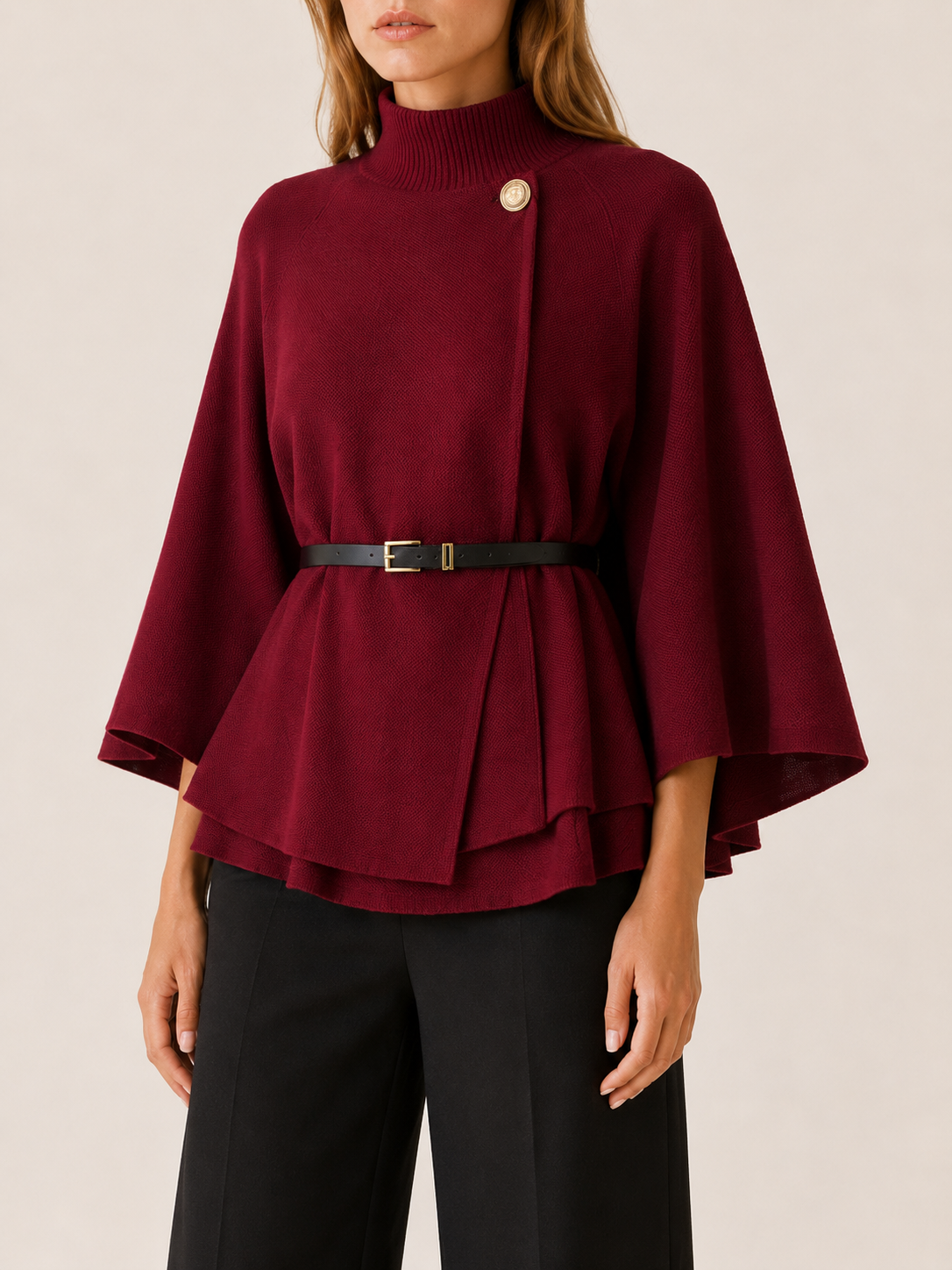 Women's High Neck Belted Cape Jacket
