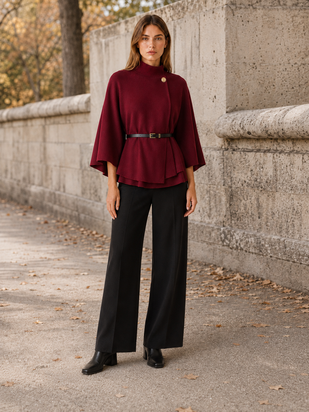 Women's High Neck Belted Cape Jacket