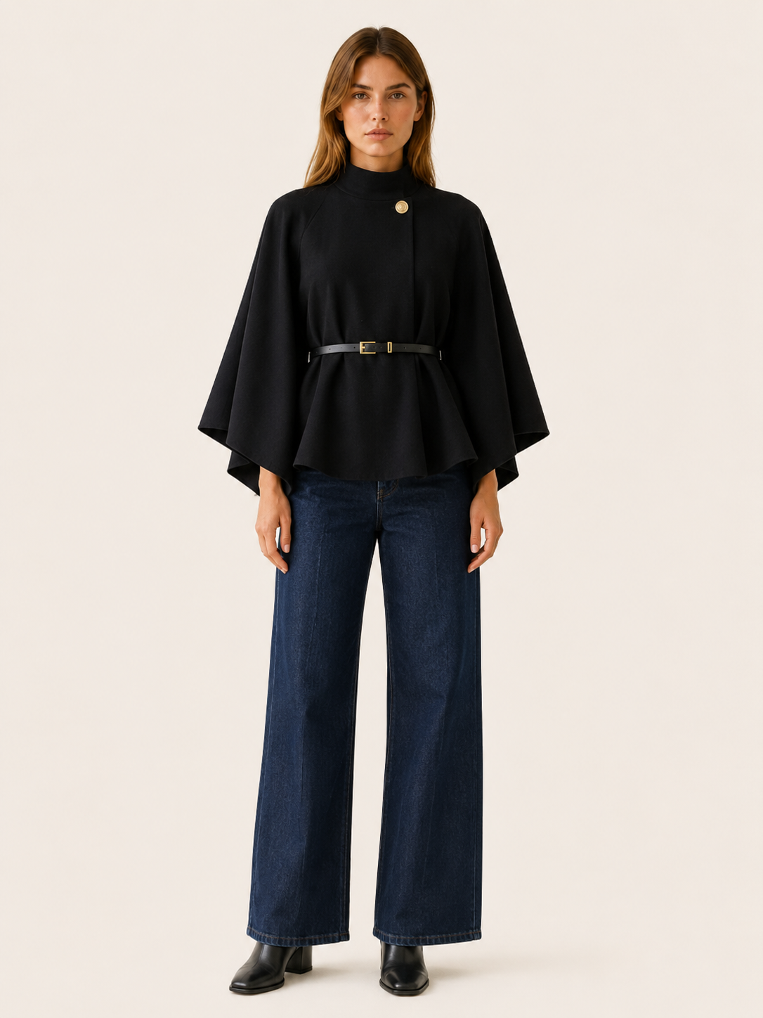 Women's High Neck Belted Cape Jacket