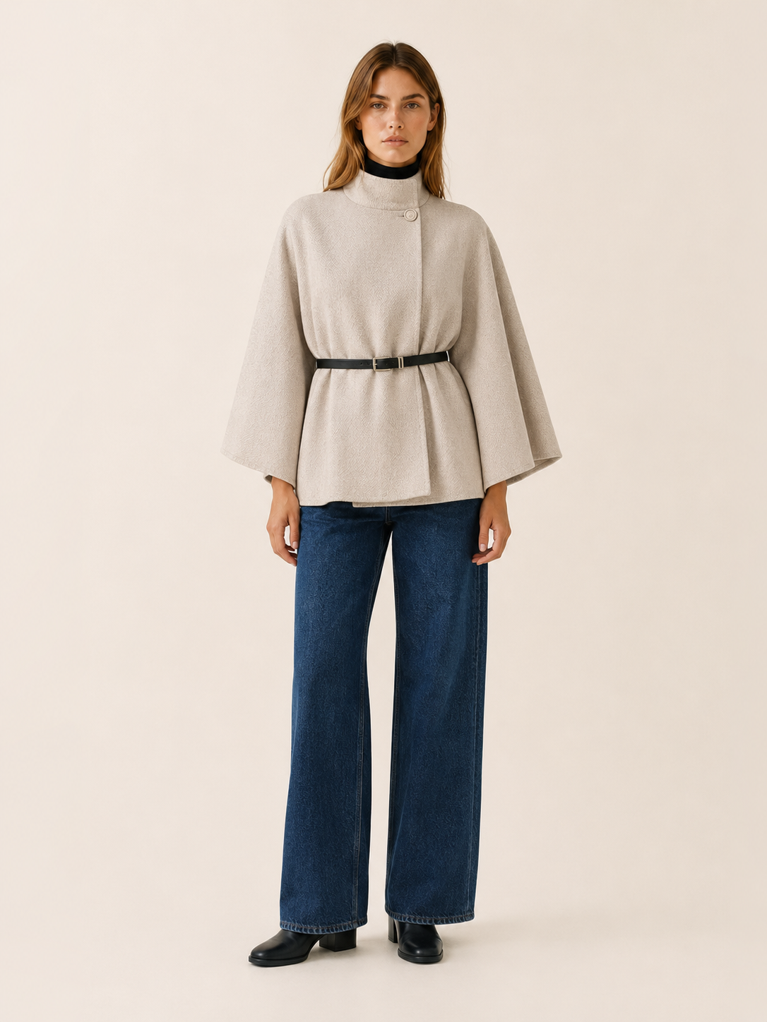 Women's High Neck Belted Cape Jacket