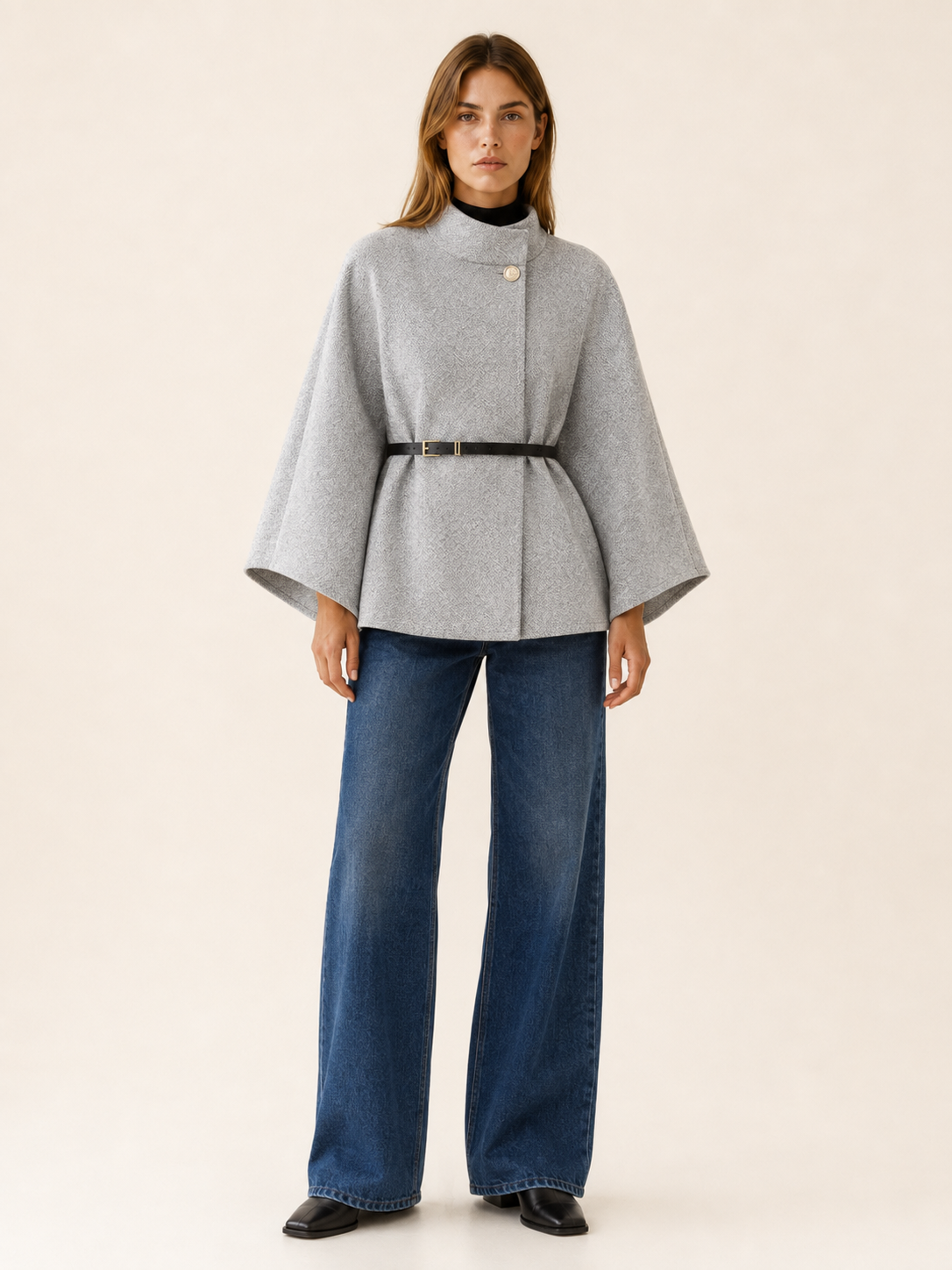 Women's High Neck Belted Cape Jacket