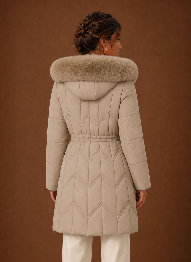 Back view of long puffer coat with hood and full-length coverage