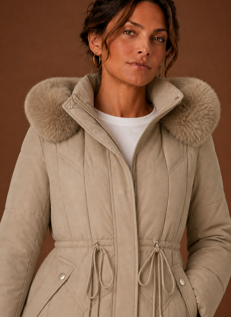 Close-up of the faux fur hood trim and coat stitch detail