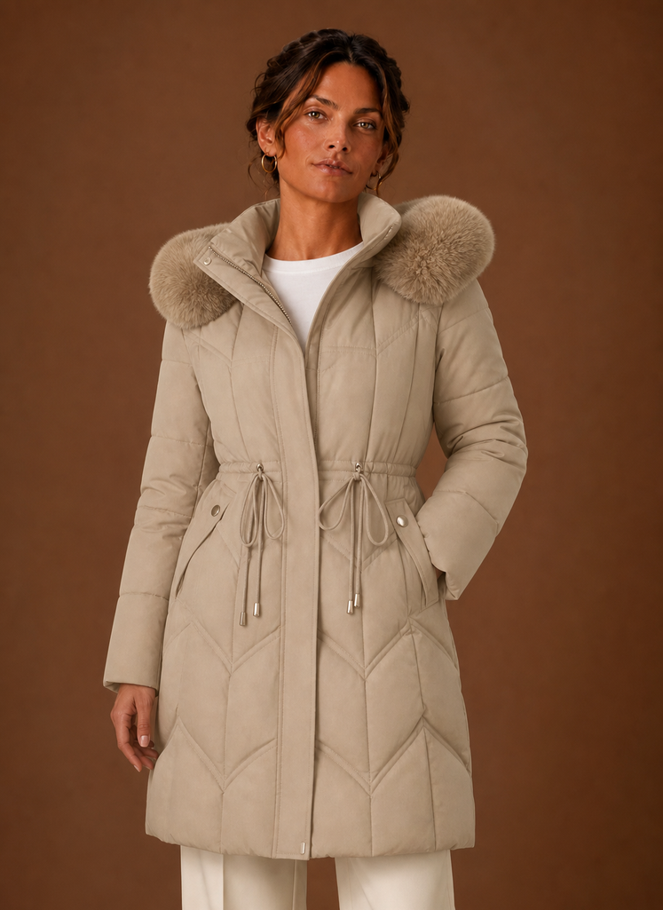 Front view of long puffer coat with faux fur-trimmed hood on a model