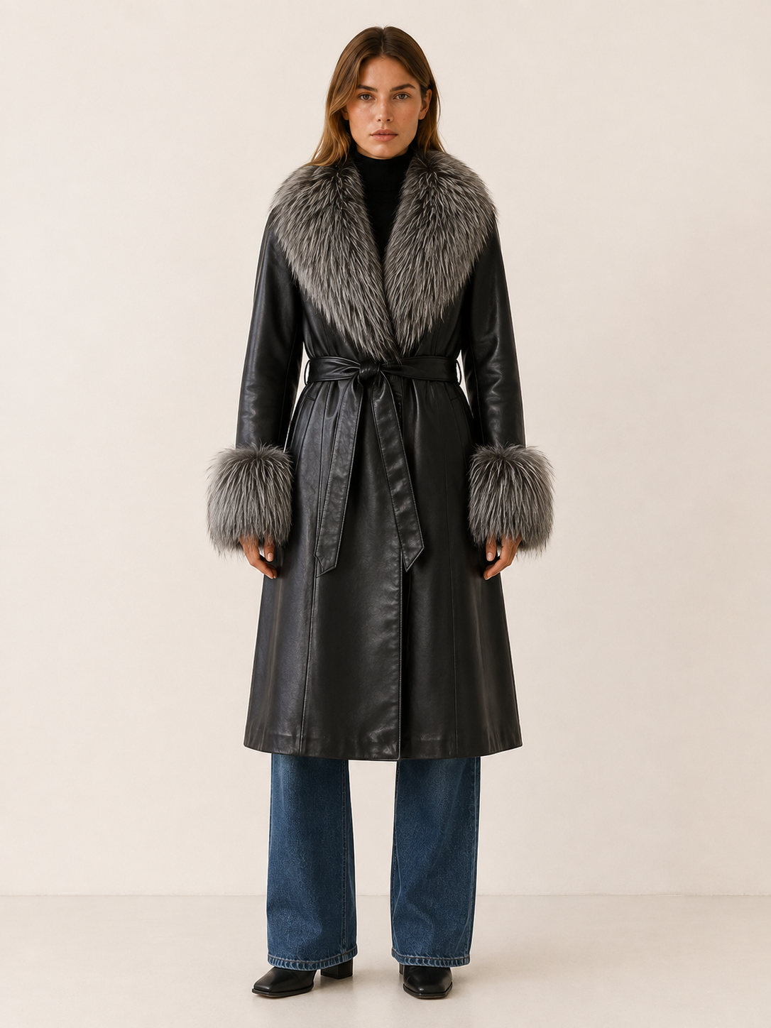 Women's Faux Leather Belted Long Coat